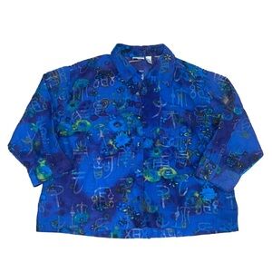 Chico’s Linen Blend Asian Print Sheer 3/4 Sleeve Button Down Top Shirt Sz XL